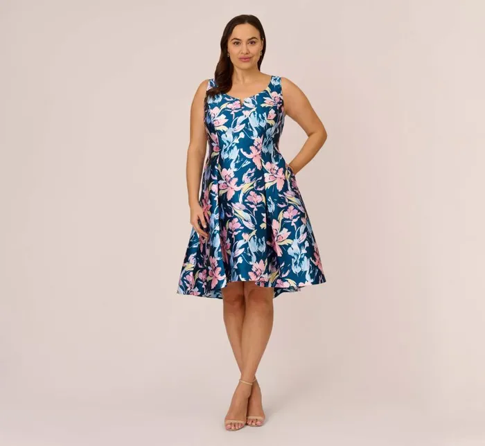 Short Dresses Womens Adrianna Papell Plus Size Floral Print Mikado Short High Low FitAndFlare Dress In Navy Multi