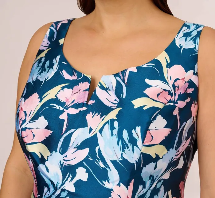 Short Dresses Womens Adrianna Papell Plus Size Floral Print Mikado Short High Low FitAndFlare Dress In Navy Multi