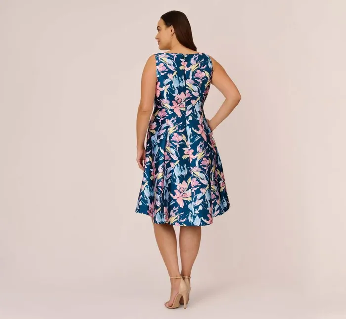 Short Dresses Womens Adrianna Papell Plus Size Floral Print Mikado Short High Low FitAndFlare Dress In Navy Multi