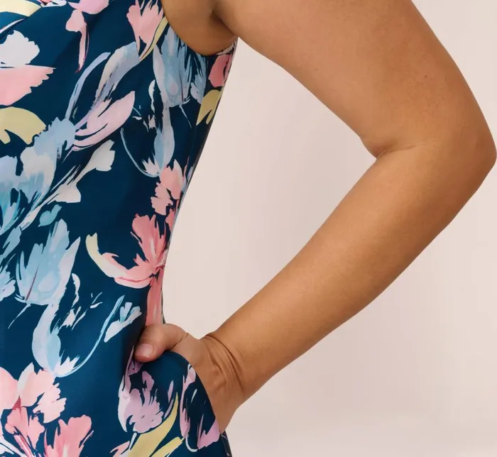 Short Dresses Womens Adrianna Papell Plus Size Floral Print Mikado Short High Low FitAndFlare Dress In Navy Multi