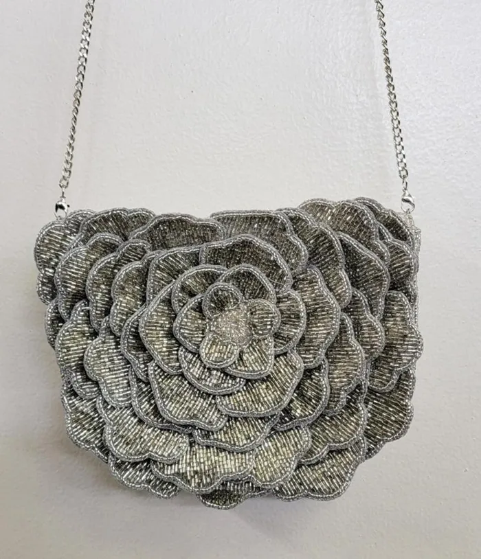 Silver Flower Beaded Crossbody Bag Accessories Unique Vintage Novelty Bags