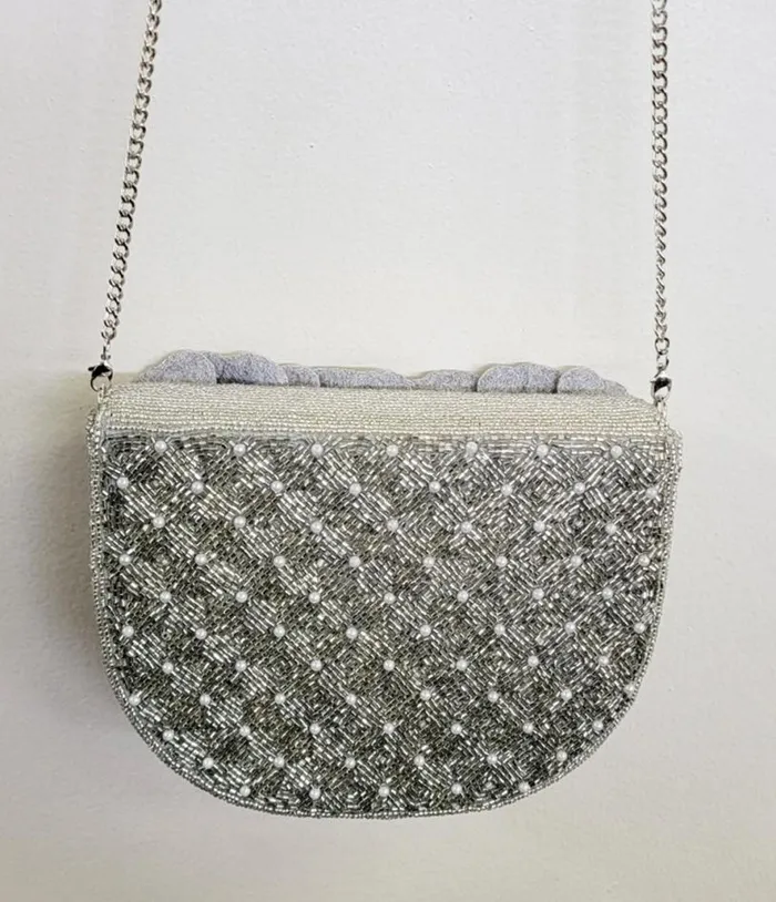 Silver Flower Beaded Crossbody Bag Accessories Unique Vintage Novelty Bags