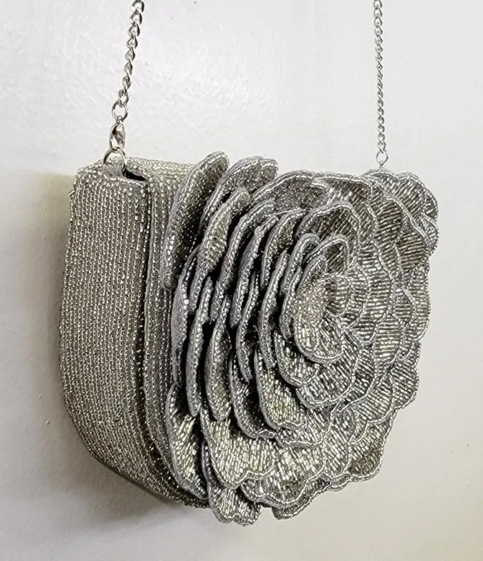 Silver Flower Beaded Crossbody Bag Accessories Unique Vintage Novelty Bags