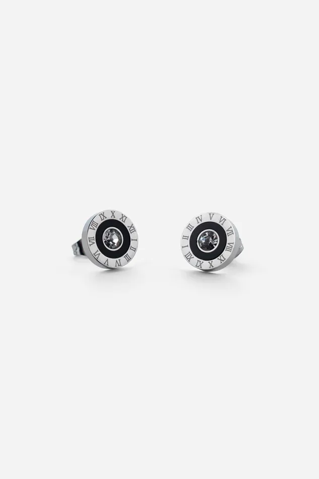 Silver Stainless Steel Diamante Clock Earrings Women Roman Jewellery