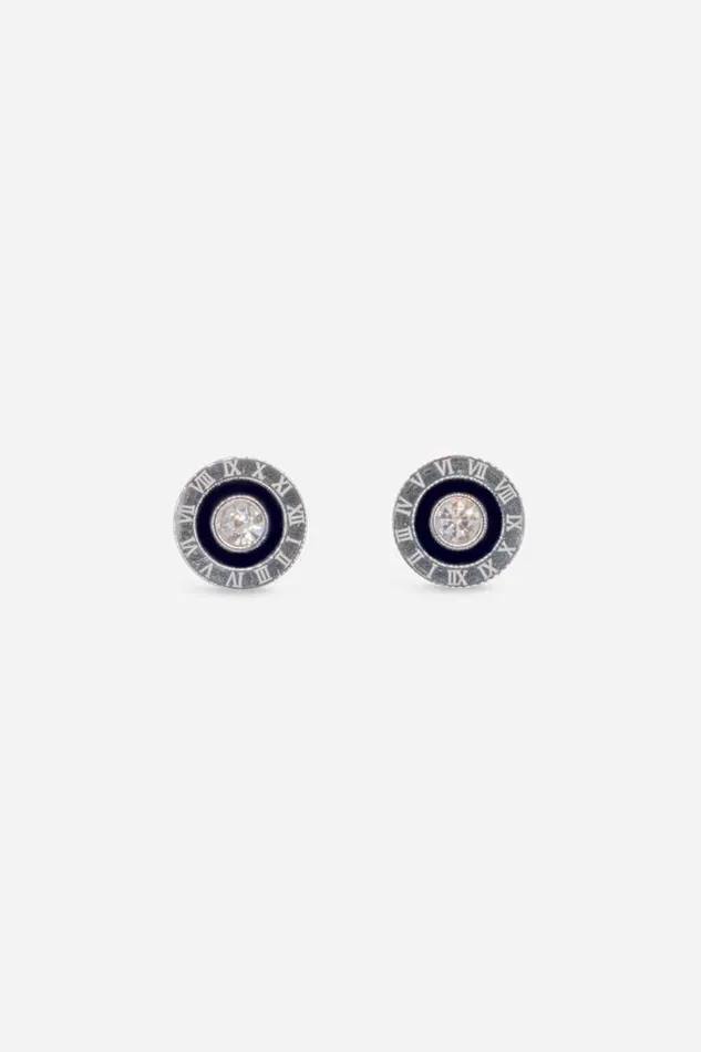 Silver Stainless Steel Diamante Clock Earrings Women Roman Jewellery