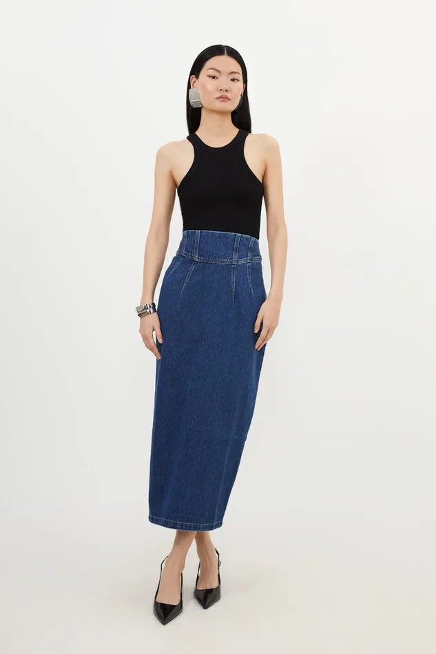 Skirts Women Karen Millen Corset Waist Denim Midi Skirt Mid Blue