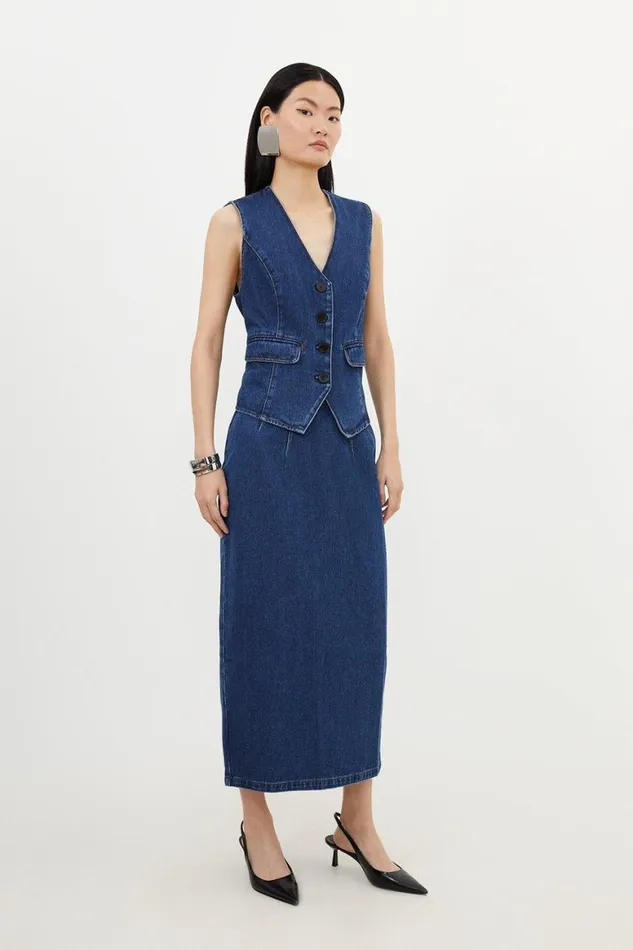 Skirts Women Karen Millen Corset Waist Denim Midi Skirt Mid Blue