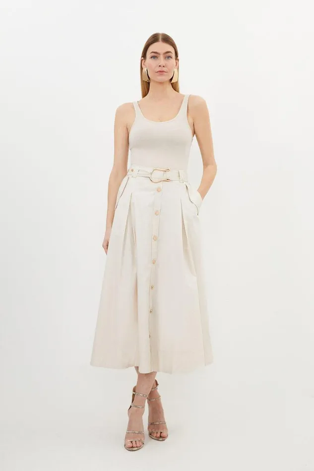 Skirts Women Karen Millen Cotton Sateen Button Woven Midi Skirt Stone