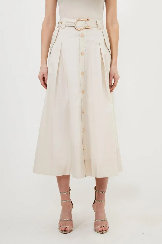 Skirts Women Karen Millen Cotton Sateen Button Woven Midi Skirt Stone
