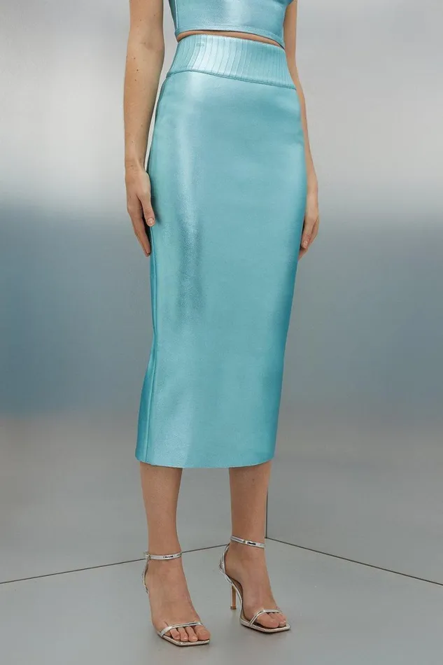 Skirts Women Karen Millen Figure Form Bandage Foiled Knit Midi Skirt Pale Blue