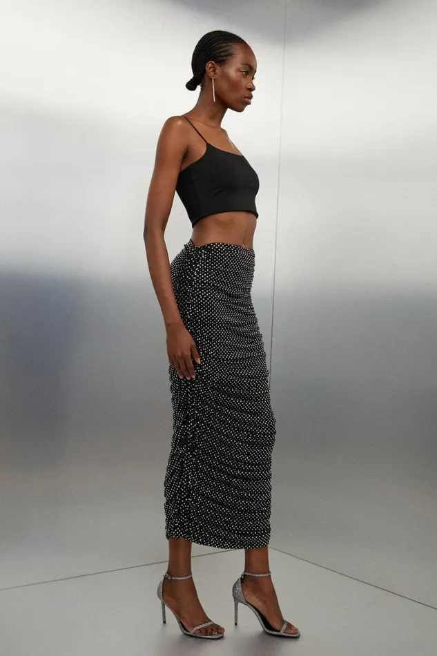 Skirts Women Karen Millen Jersey Crepe Embellished Midi Skirt Silver