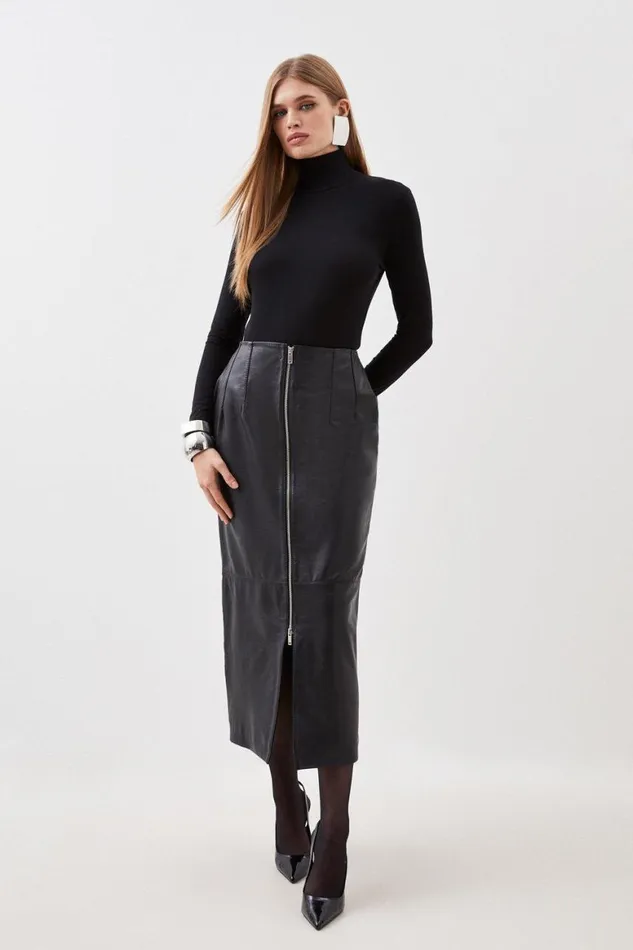 Skirts Women Karen Millen Leather Zip Through Maxi Pencil Skirt Black