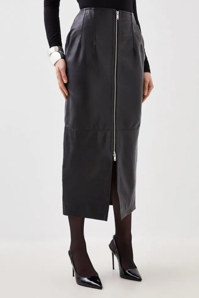 Skirts Women Karen Millen Leather Zip Through Maxi Pencil Skirt Black