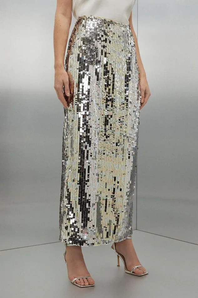 Skirts Women Karen Millen Silver Sequin Midaxi Woven Skirt Silver