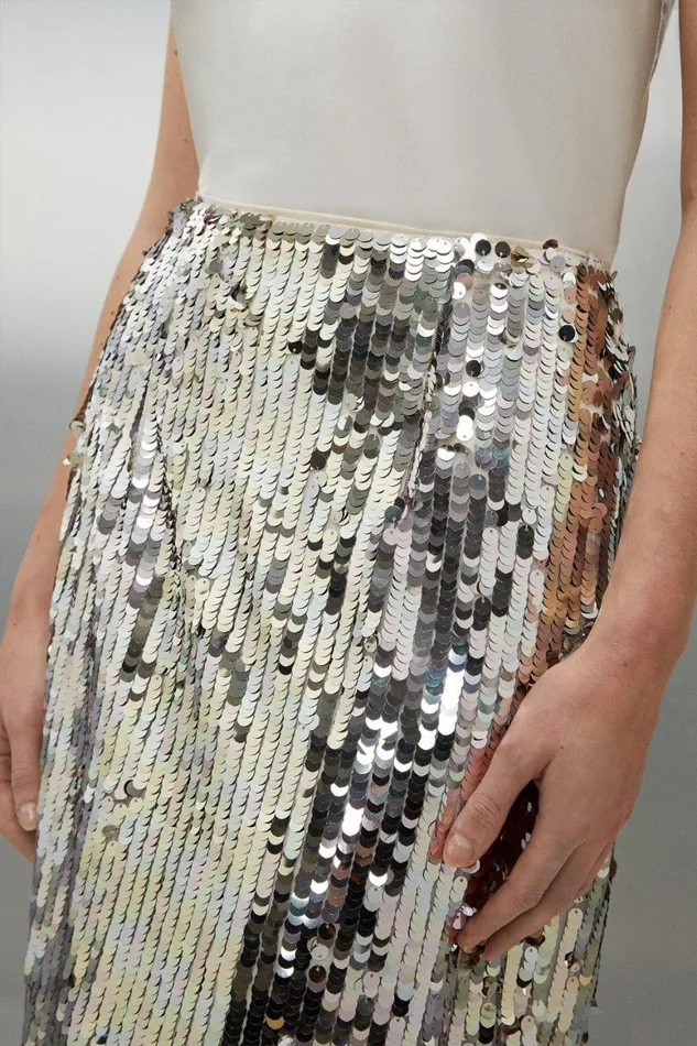 Skirts Women Karen Millen Silver Sequin Midaxi Woven Skirt Silver