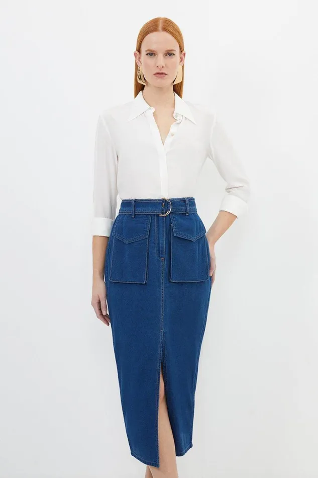 Skirts Women Karen Millen Stretch Woven Denim Midi Skirt Denim