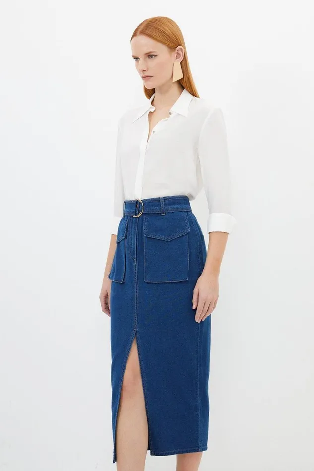 Skirts Women Karen Millen Stretch Woven Denim Midi Skirt Denim