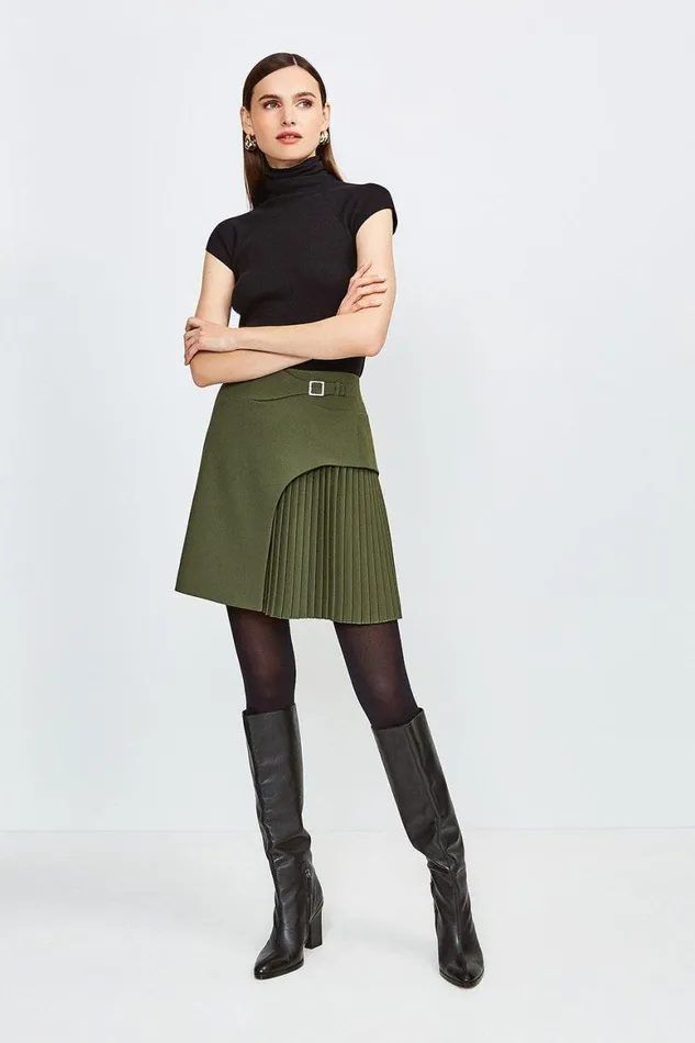 Skirts Women Karen Millen Tailored Buckle Detail Pleated Mini Skirt Khaki