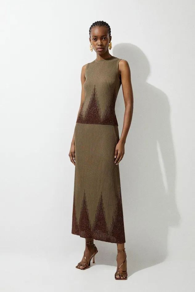 Skirts Women Karen Millen Tall Viscose Blend Shimmer Knit Skirt Coord Light Khaki