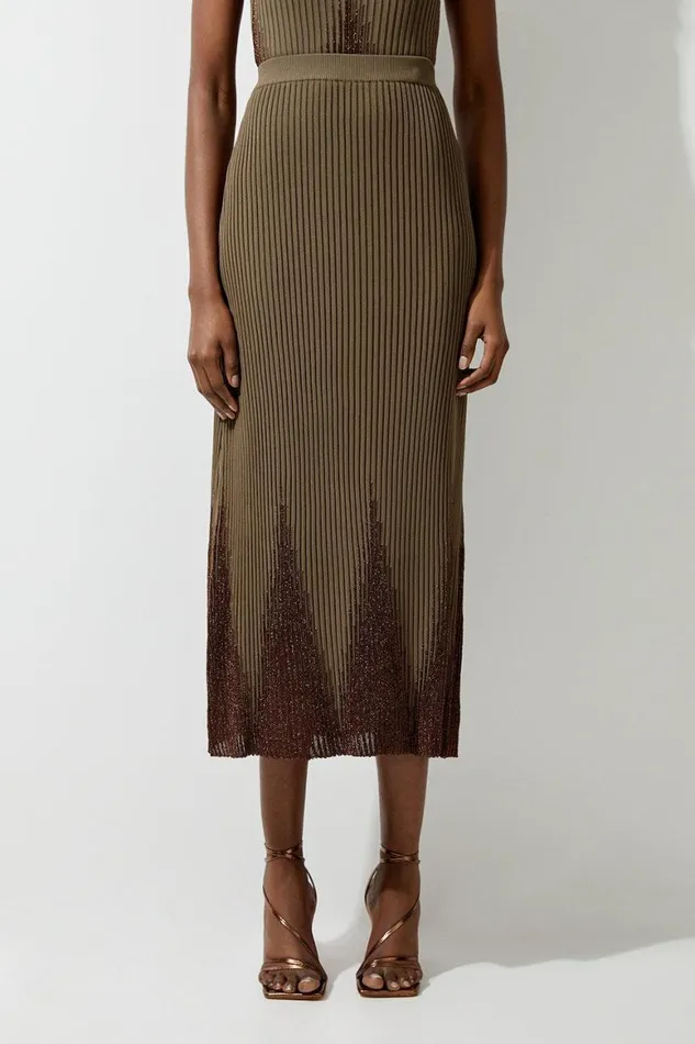 Skirts Women Karen Millen Tall Viscose Blend Shimmer Knit Skirt Coord Light Khaki