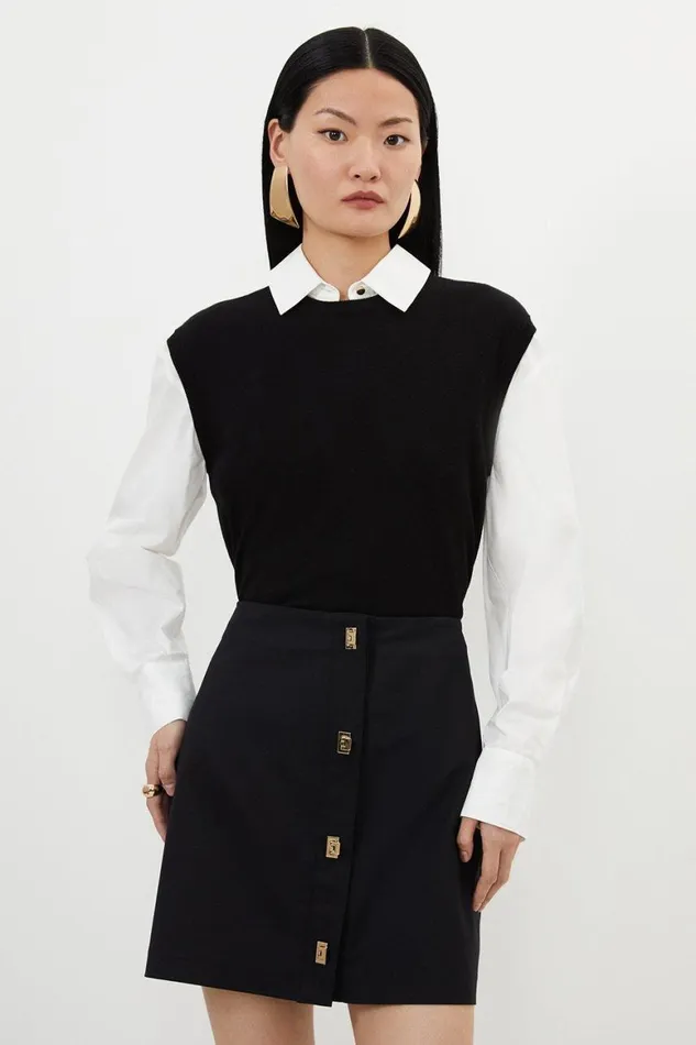 Skirts Women Karen Millen Techno Cotton Woven Skirt With Gold Clasp Black