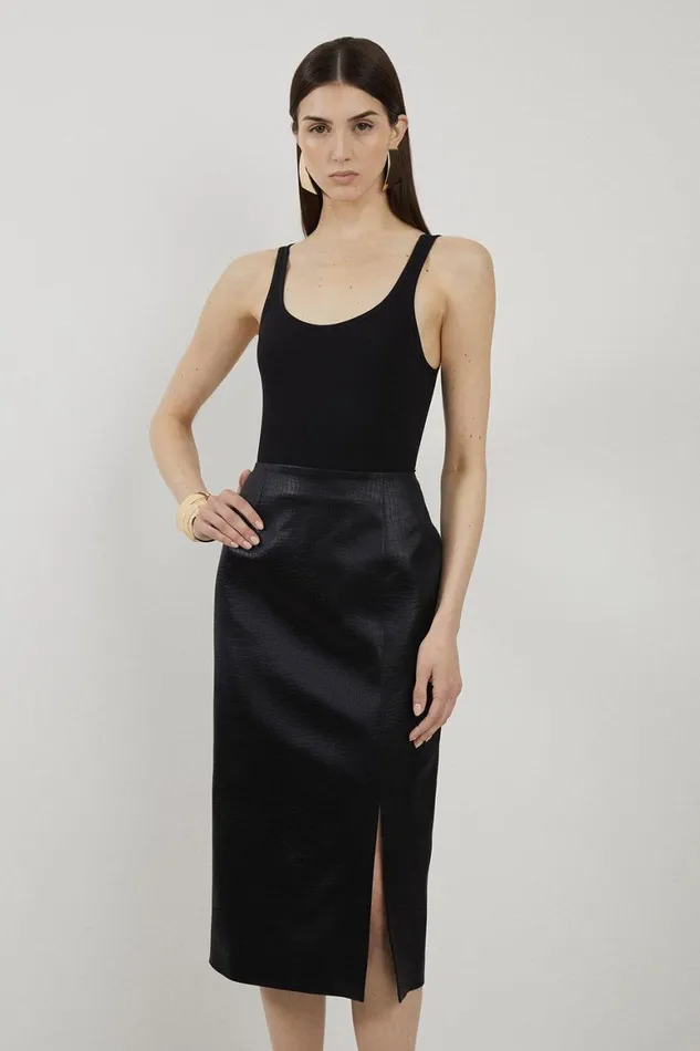 Skirts Women Karen Millen Textured Italian Satin Tailored Midi Skirt Black