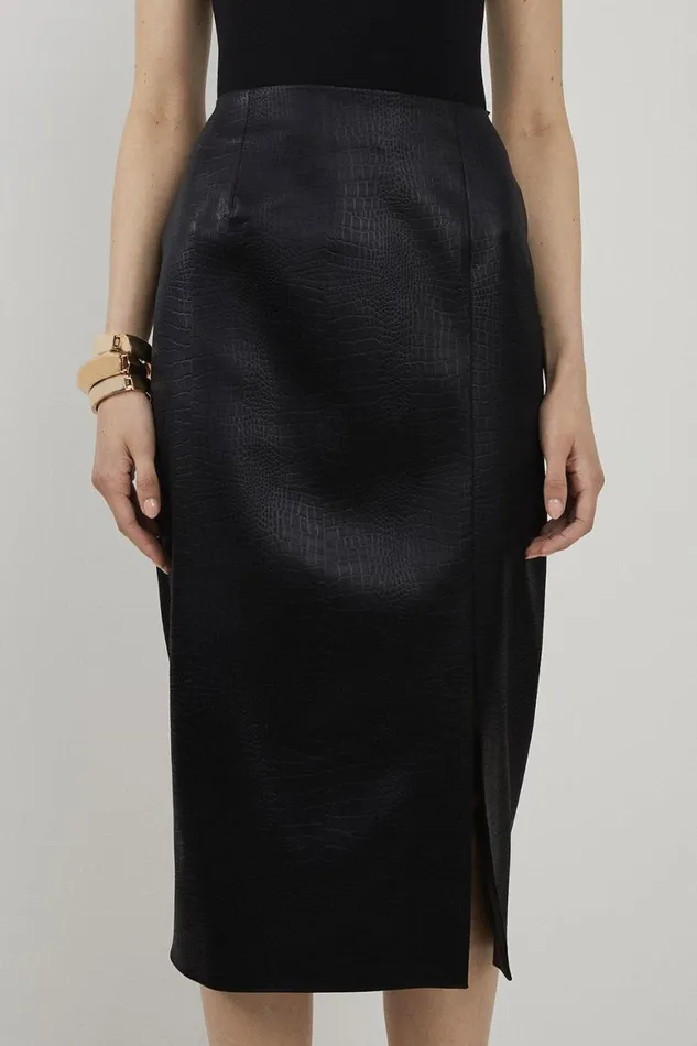 Skirts Women Karen Millen Textured Italian Satin Tailored Midi Skirt Black