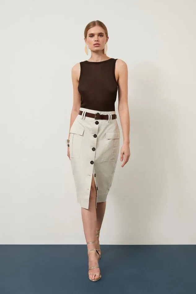 Skirts Women Karen Millen Twill Canvas Cargo Pocket Button Front Belted Tailored Midi Skirt Tan