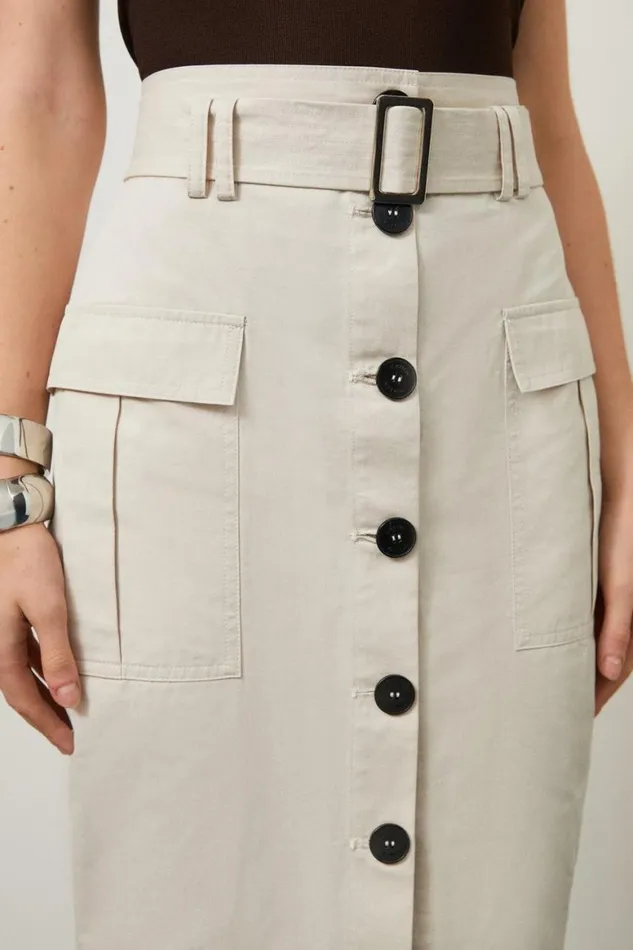 Skirts Women Karen Millen Twill Canvas Cargo Pocket Button Front Belted Tailored Midi Skirt Tan