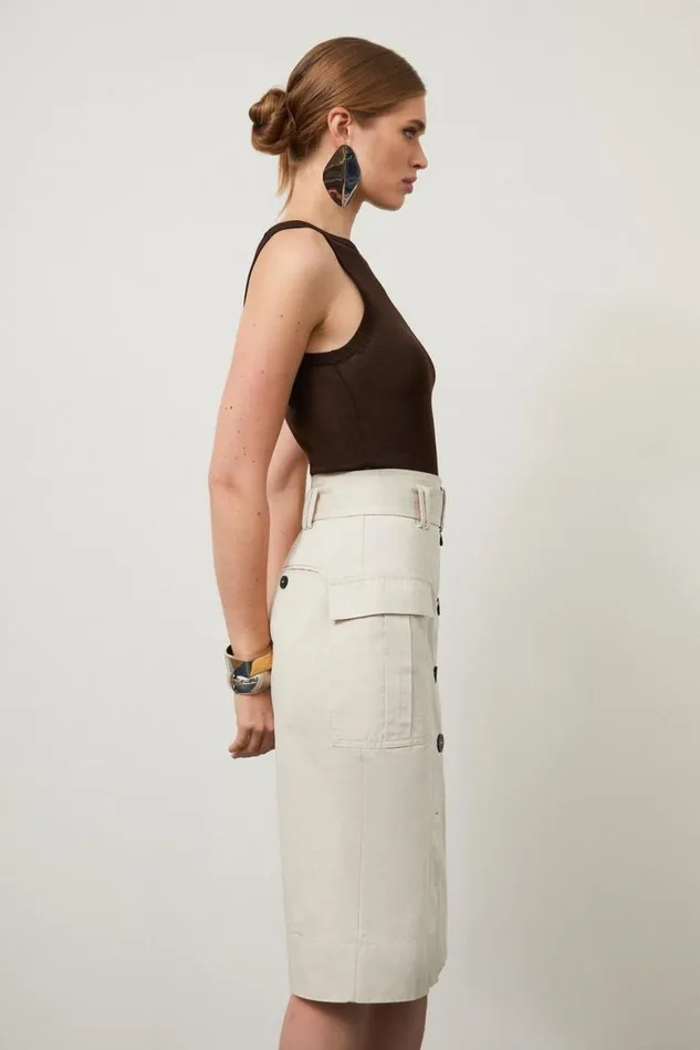 Skirts Women Karen Millen Twill Canvas Cargo Pocket Button Front Belted Tailored Midi Skirt Tan