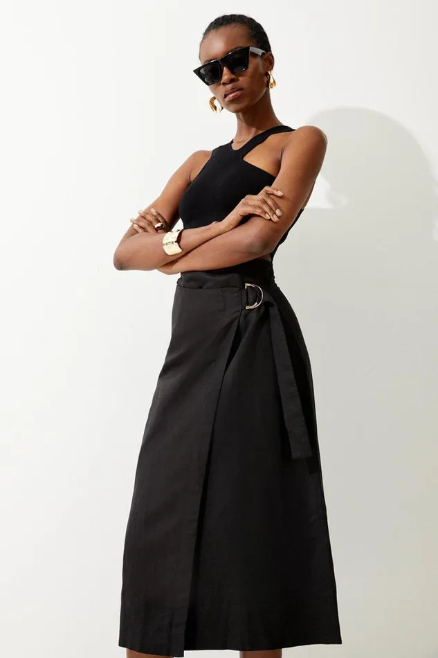Skirts Women Karen Millen Viscose Linen Asymmetric Midi Skirt Black