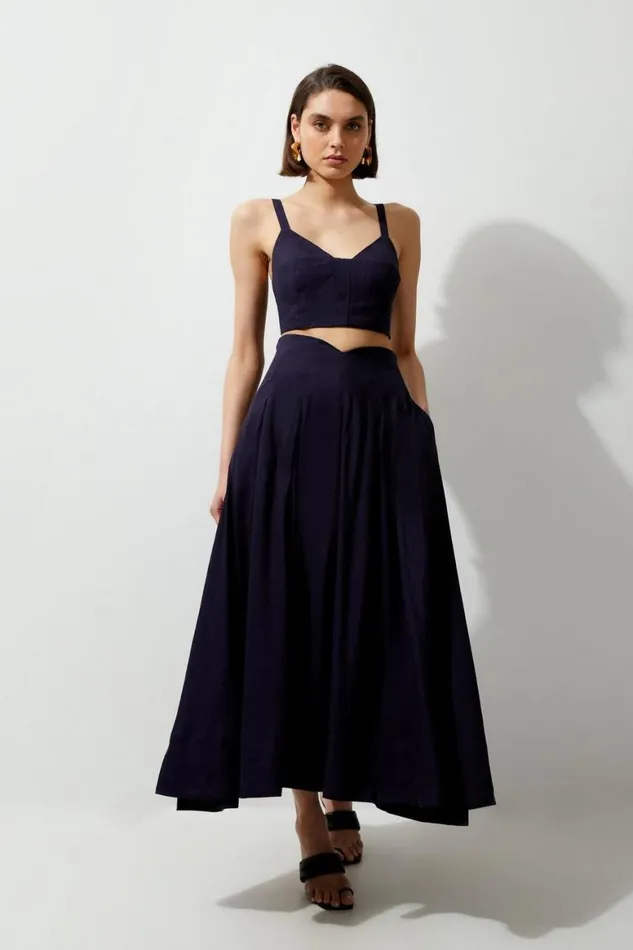 Skirts Women Karen Millen Viscose Linen High Waisted Woven Midaxi Skirt Navy