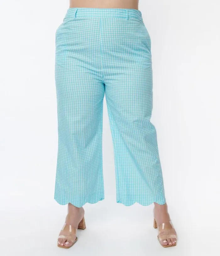 Sky Blue Gingham Scalloped Top and Pants Set ClothingPlus Unique Vintage Pants