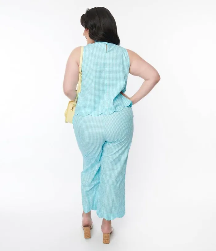 Sky Blue Gingham Scalloped Top and Pants Set ClothingPlus Unique Vintage Pants