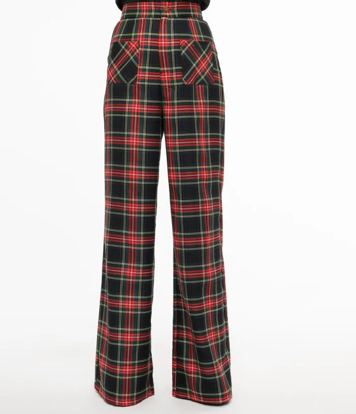 Smak Parlour 1960s Black and Red Plaid Wide Leg Trousers Clothing Unique Vintage Pants