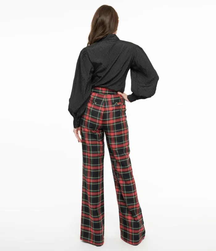 Smak Parlour 1960s Black and Red Plaid Wide Leg Trousers Clothing Unique Vintage Pants