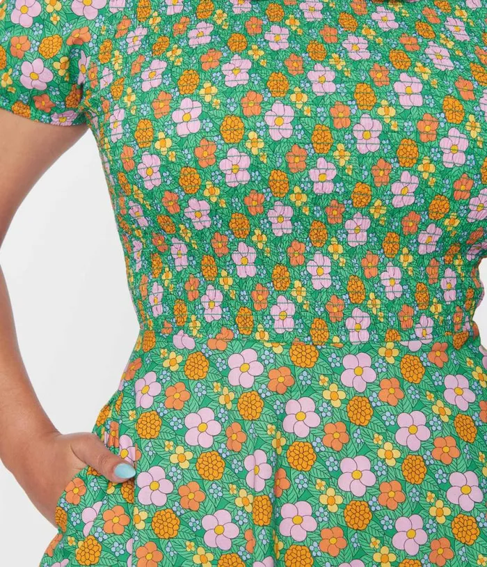 Smak Parlour 1960s Green Floral Smocked Fit and Flare Dress Dresses Unique Vintage Pocket Dresses