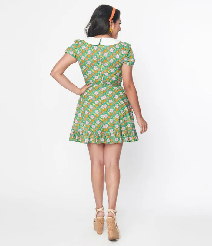 Smak Parlour 1960s Green Floral Smocked Fit and Flare Dress Dresses Unique Vintage Pocket Dresses