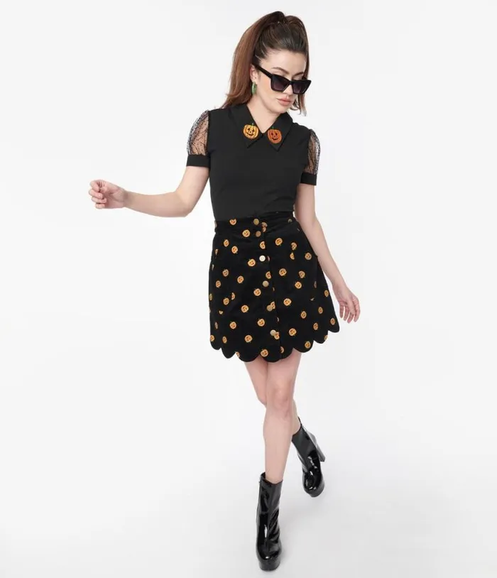 Smak Parlour 1970s Black Corduroy and Pumpkin Stamp Campus Mini Skirt ClothingHalloweenPlus Unique Vintage Skirts Smak Parlour 1970s Black Corduroy and Pumpkin Stamp Campus Mini Skirt ClothingHalloweenPlus Unique Vintage Skirts