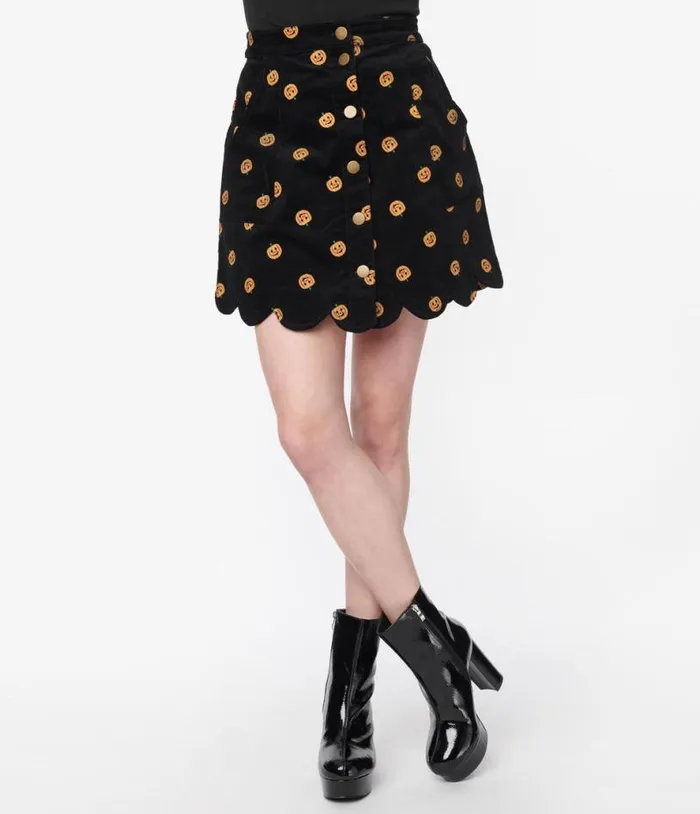 Smak Parlour 1970s Black Corduroy and Pumpkin Stamp Campus Mini Skirt ClothingHalloweenPlus Unique Vintage Skirts
