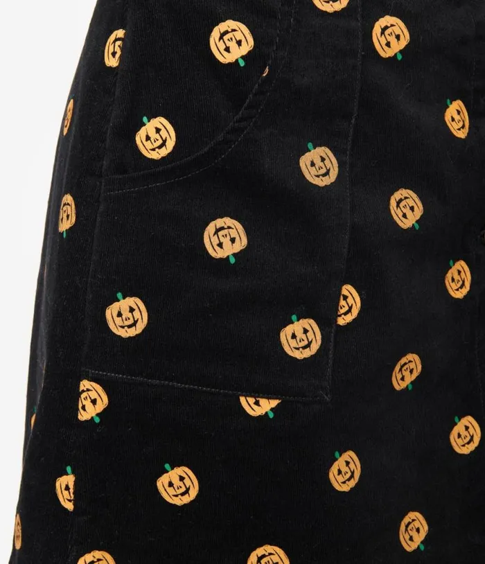 Smak Parlour 1970s Black Corduroy and Pumpkin Stamp Campus Mini Skirt ClothingHalloweenPlus Unique Vintage Skirts