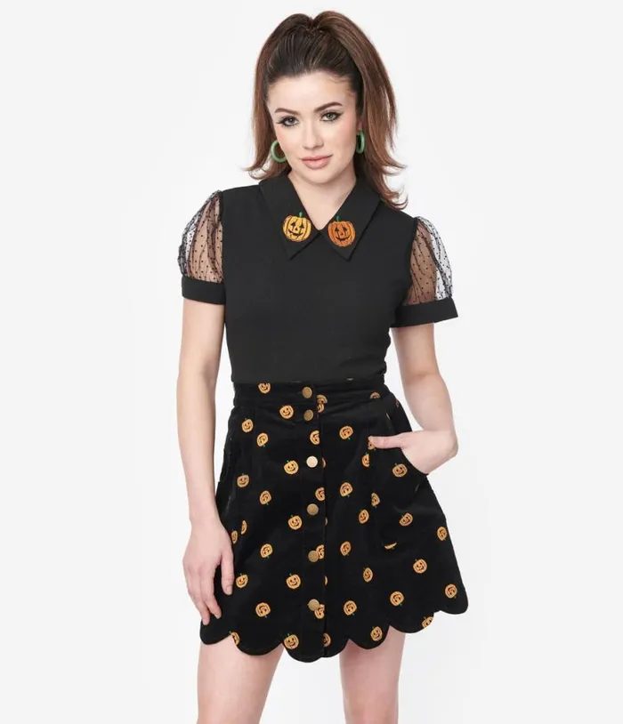 Smak Parlour 1970s Black Corduroy and Pumpkin Stamp Campus Mini Skirt ClothingHalloweenPlus Unique Vintage Skirts