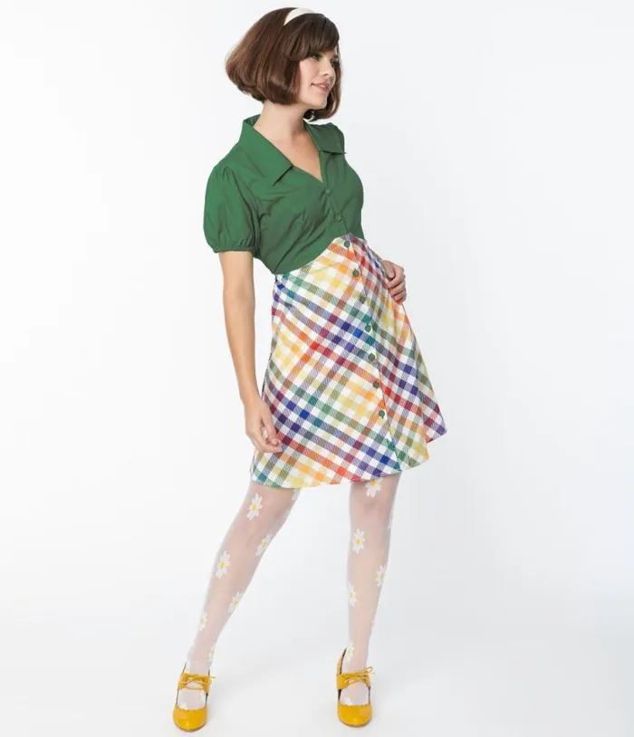 Smak Parlour 1970s Green and Rainbow Gingham Mini Shirt Dress Dresses Unique Vintage Pocket Dresses Smak Parlour 1970s Green and Rainbow Gingham Mini Shirt Dress Dresses Unique Vintage Pocket Dresses