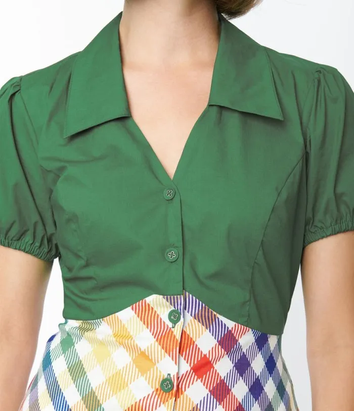 Smak Parlour 1970s Green and Rainbow Gingham Mini Shirt Dress Dresses Unique Vintage Pocket Dresses
