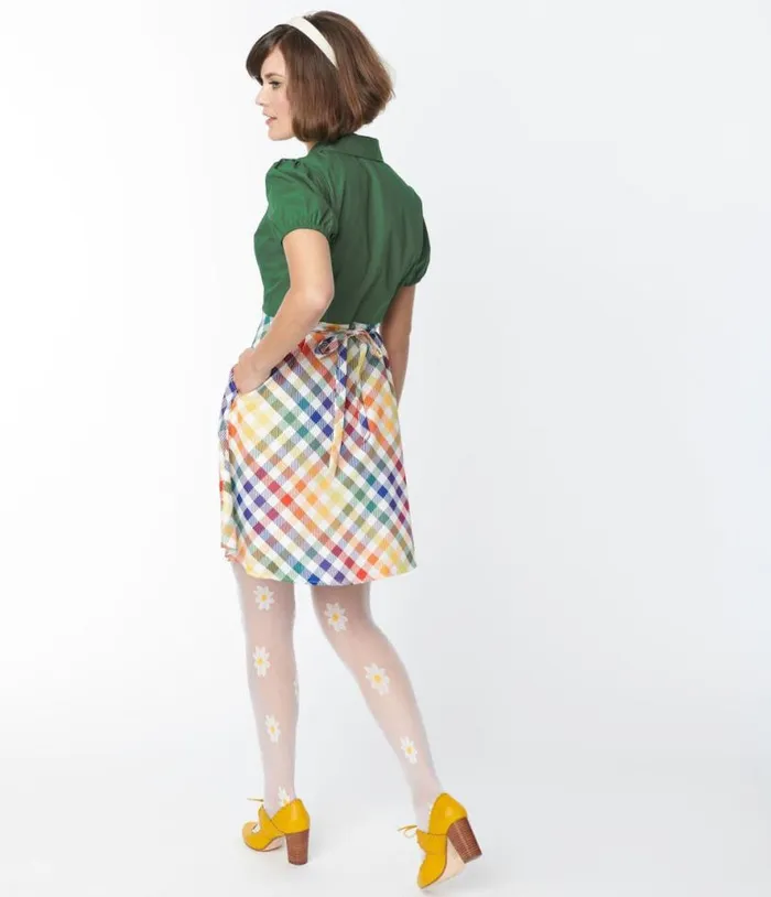 Smak Parlour 1970s Green and Rainbow Gingham Mini Shirt Dress Dresses Unique Vintage Pocket Dresses