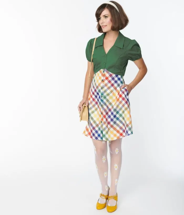 Smak Parlour 1970s Green and Rainbow Gingham Mini Shirt Dress Dresses Unique Vintage Pocket Dresses