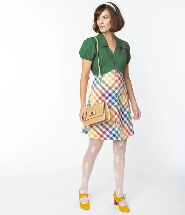 Smak Parlour 1970s Green and Rainbow Gingham Mini Shirt Dress Dresses Unique Vintage Pocket Dresses