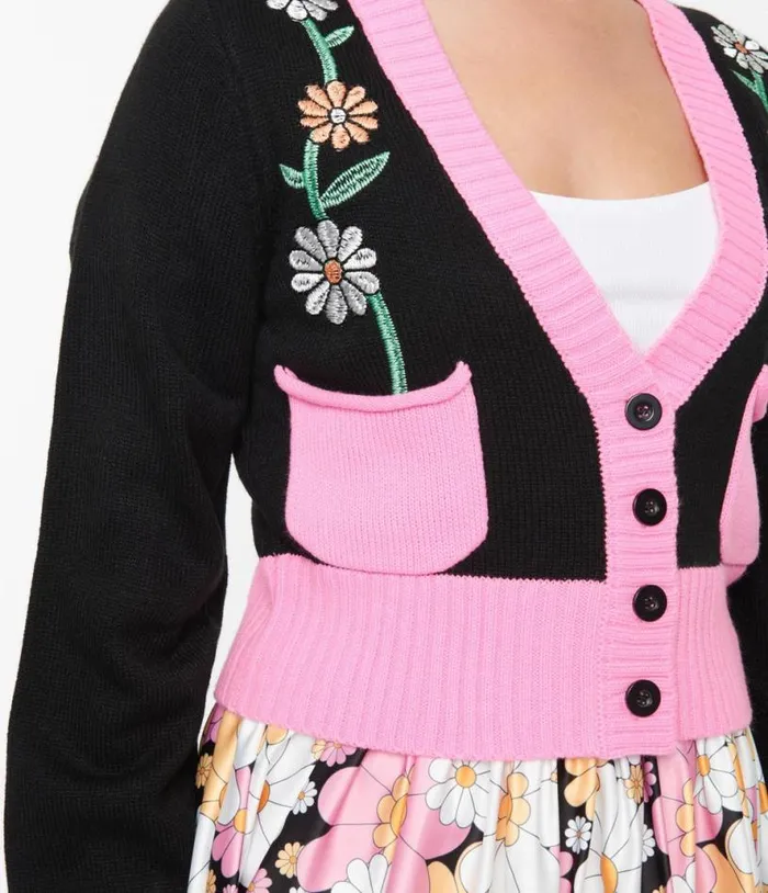 Smak Parlour Black and Pink Flower Pocket Cardigan Clothing Unique Vintage Sweaters and Cardigans