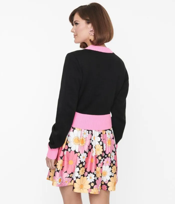 Smak Parlour Black and Pink Flower Pocket Cardigan Clothing Unique Vintage Sweaters and Cardigans