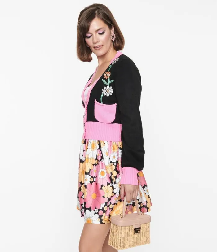 Smak Parlour Black and Pink Flower Pocket Cardigan Clothing Unique Vintage Sweaters and Cardigans